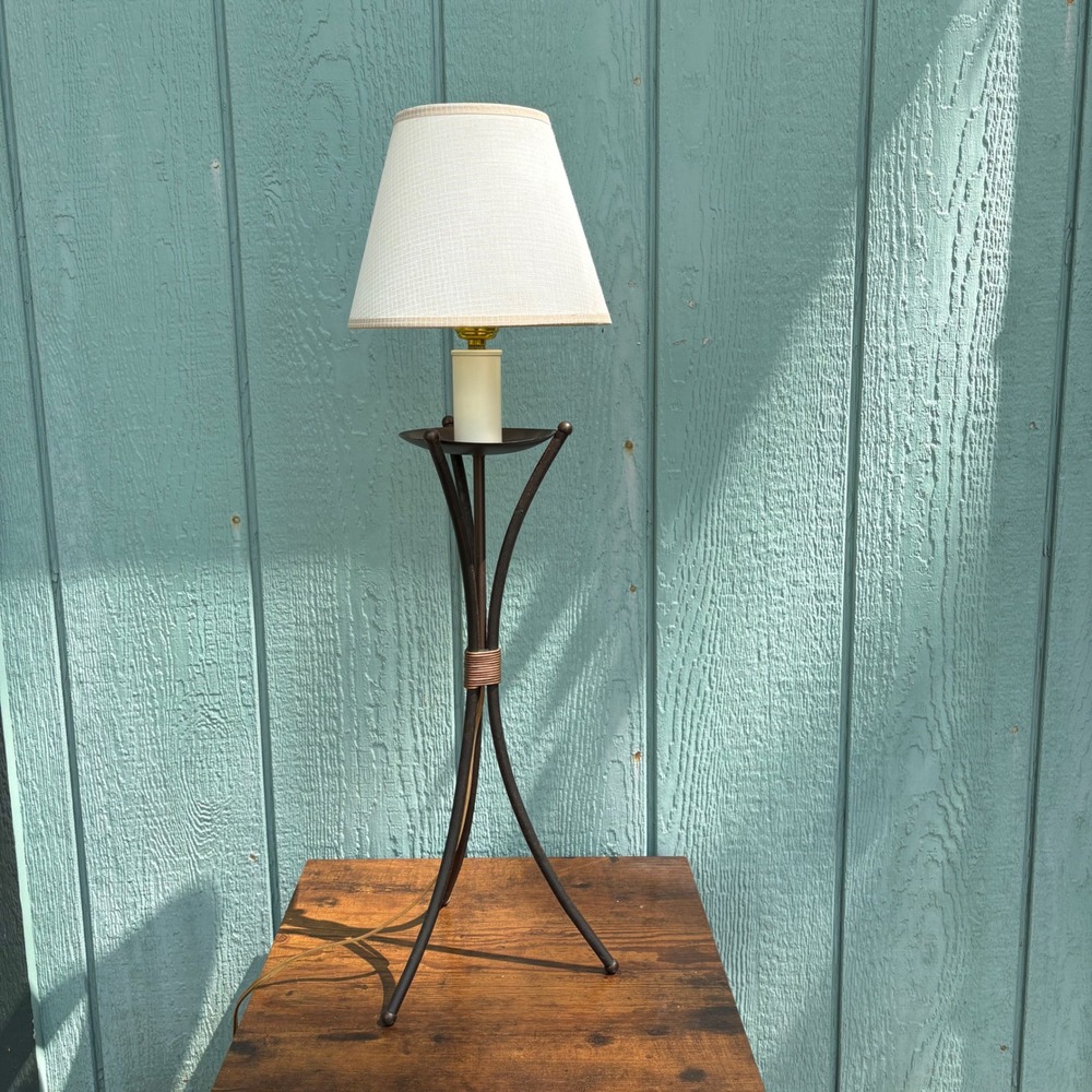 Mid Century Modern Tripod Table Lamp Wrought Iron Copper Wrap Industrial Decor